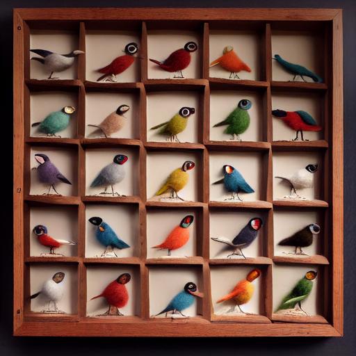3d birds, felted, constructed of felt, felt lettering, life-like, highly detailed, realistic, naturalistic, felted wool, skilled construction, masterpiece, museum quality, 8k --testp --creative --upbeta