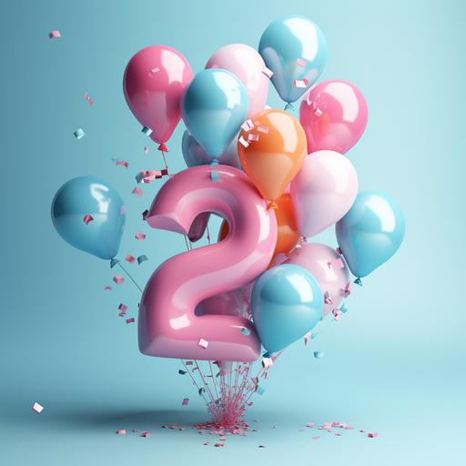 3d blender style, light blue background, floating pastelle pink birthday ballons shaped like the digits two and five, a little bit of colorful confetti floating in the air