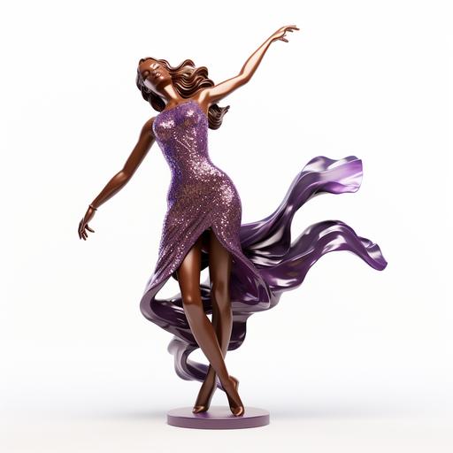 3d brown skin dancing woman at a disco, purple glitter dress, short dress, 70’s, Donna summer, on white background