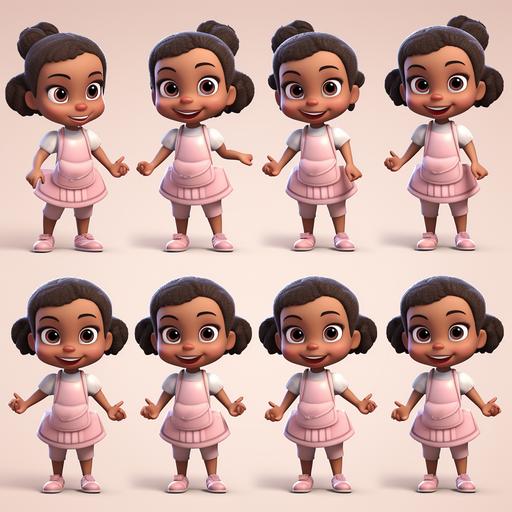 3d brown skinned African American little girl, multiple poses and expressions, 5 year old girl, light pink apron, light pink clothing, children’s book illustration style, cute, Pixar style, full color, flat color, - no outline, - v5 --v 5.2