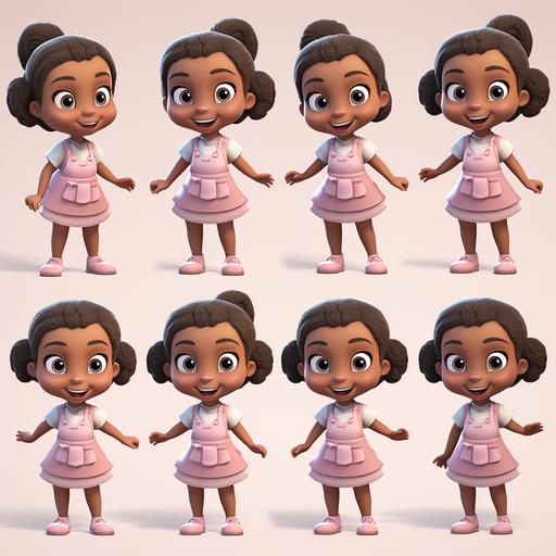 3d brown skinned African American little girl, multiple poses and expressions, 5 year old girl, light pink apron, light pink clothing, children’s book illustration style, cute, Pixar style, full color, flat color, - no outline, - v5 --v 5.2