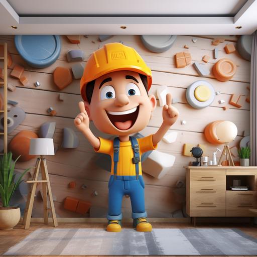3d cartoon construction worker installing marble texture wallboard at living room, funny cheerful