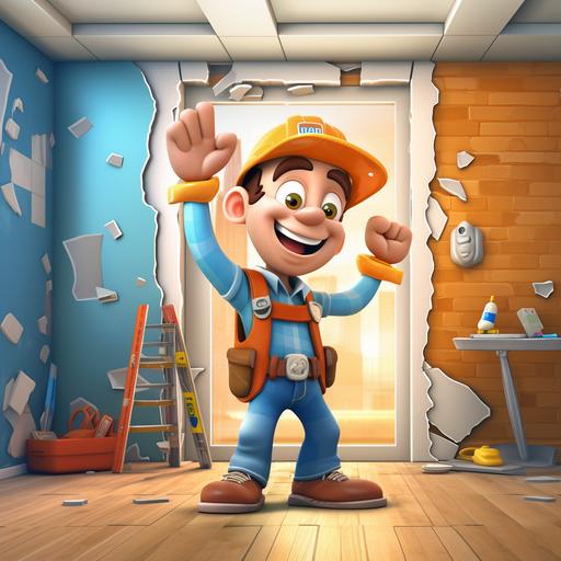 3d cartoon construction worker renovating empty room installing wallpanel with white marble board, funny cheerful