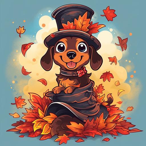 3d cartoon cute dachshund puppy dog wearing thanksgiving pilgrim hat in pile of autumn leaves, t-shirt design vector contour --niji