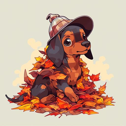 3d cartoon cute dachshund puppy dog wearing thanksgiving pilgrim hat in pile of autumn leaves, t-shirt design vector contour --niji