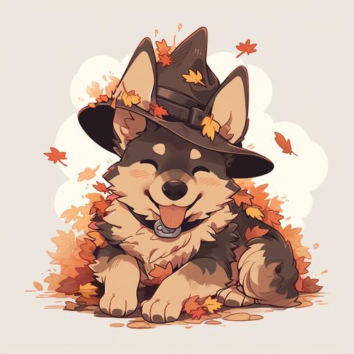3d cartoon cute german shepherd puppy dog wearing pilgrim hat in pile of autumn leaves, t-shirt design vector contour --niji