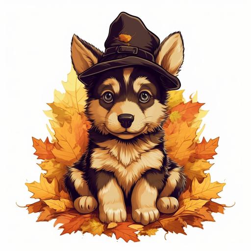 3d cartoon cute german shepherd puppy dog wearing pilgrim hat in pile of autumn leaves, t-shirt design vector contour --v 5.1