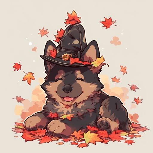 3d cartoon cute german shepherd puppy dog wearing pilgrim hat in pile of autumn leaves, t-shirt design vector contour --niji