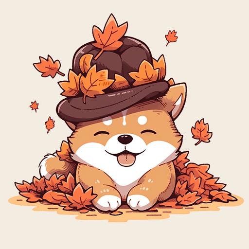 3d cartoon cute puppy dog wearing thanksgiving pilgrim hat in pile of autumn leaves, t-shirt design vector contour --niji