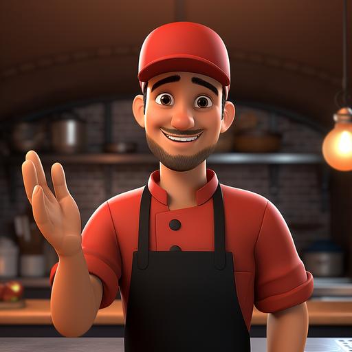 3d cartoon, disney pixar, style, man working in a restaurant hand welcome, black pants, red polo shirt, black cap, black apron, withe background, ar 2:3