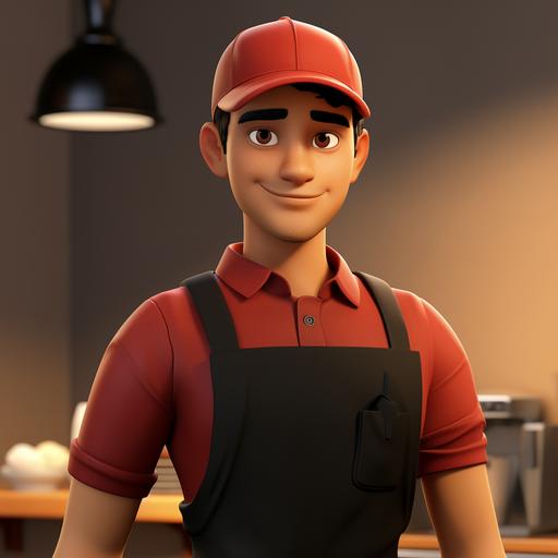 3d cartoon, disney pixar, style, youn man working in a restaurant, black pants, red polo shirt, black cap, black apron, withe background, ar 2:3