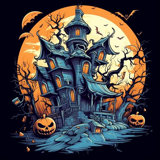 3d cartoon halloween haunted house jack o lantern full moon bats spider webs, t-shirt design vector contour --v 5.1