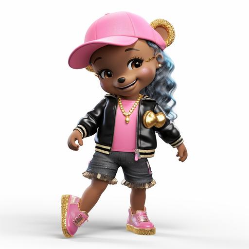 3d cartoon of a female kids bear (that resembles a care bear) dark brown skin with shiny gold diamond earrings, big happy smile, pink hat with black shirt and denim jacket and pants. bedazzled silver shoes and bedazzled sunglasses. full body picture 8k iphone photo, unreal engine, 8k drone footage, 4k kodak camera quality on a white background