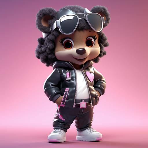 3d cartoon of a female kids bear (that resembles a care bear) dark brown skin, and black hair with shiny silver diamond earrings, big happy smile, pink hat with black shirt and denim jacket and pants. bedazzled silver shoes and bedazzled sunglasses. full body picture 8k iphone photo, unreal engine, 8k drone footage, 4k kodak camera quality on a white background