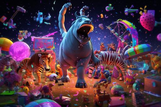 3d cartoon, pushing a lawn mower, elephant, hamburger eating contest, cyberpunk break dancing monkey, disco ball, angelic flying around, blue prints, Halo, Lions and tiger and bears oh my, milky way stars, strikes of dust, glitches of computer neon lights garland , bright moon , Panoramic View, captured by canon R8 400mm F5. 4 HD result, cinematic photography style --ar 3:2