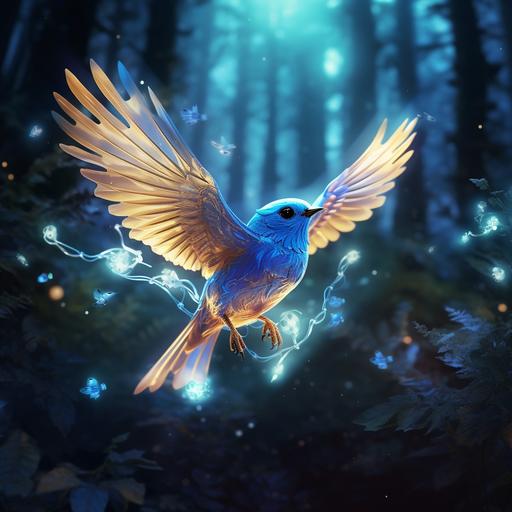 3d cartoon realistic Blue Bird flying around a enchanted forest glowing