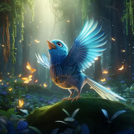 3d cartoon realistic Blue Bird flying around a enchanted forest glowing