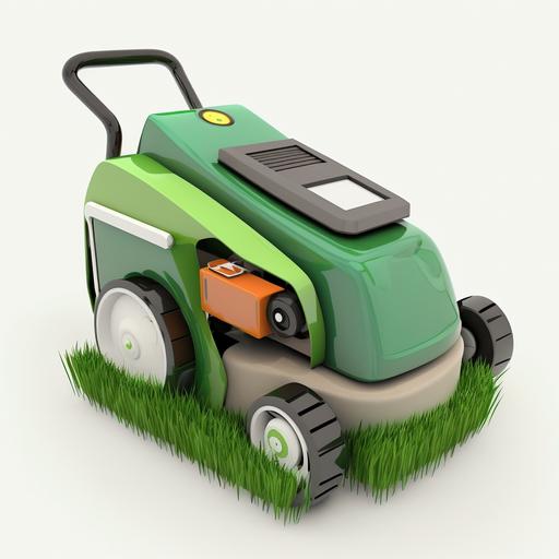 3d cartoon style battery lawn mower with an ecological side and white background