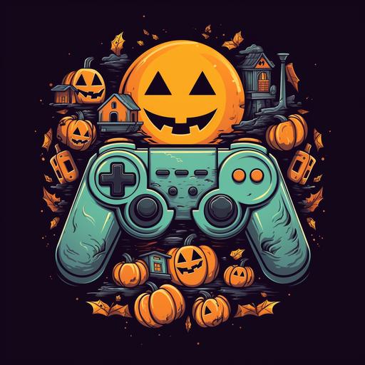 3d cartoon video game controller halloween jack o lantern haunted house full moon bats pider webs candy corn, t-shirt design vector contour --v 5.1