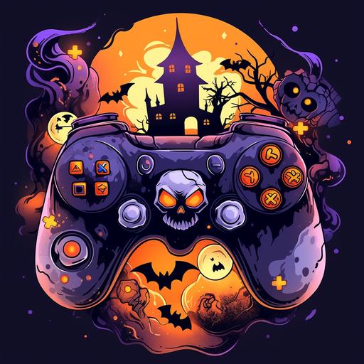3d cartoon video game controller halloween jack o lantern bats full moon spider webs candy corn, t-shirt design vector contour --niji
