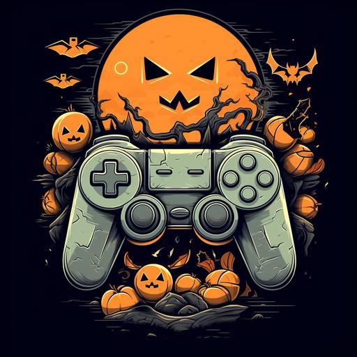 3d cartoon video game controller halloween theme jack o lantern bats full moon spider webs, t-shirt design vector contour --v 5.1
