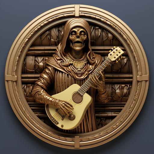 3d, circle framed logo style full-bodied image of a musical mummy, fantasy art