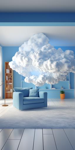 3d cloud concept in the room with room behind it, and opening into a blue room, in the style of vray tracing, heavy impasto technique, lightbox, dry wit humor, suspended/hanging, creative commons attribution, found-object-centric, alaska --ar 1:2 --q 2 --s 250