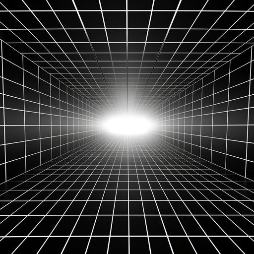 3d digital white grid of black room space with one point perspective. Empty geometric cyberspace studio background. Virtual three dimension scene