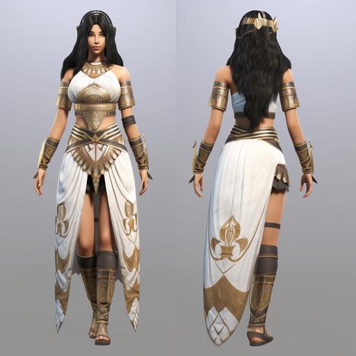 3d game character, female, long black hair, white skin, egyptian costume, front and back view of character, full body visible--s 250