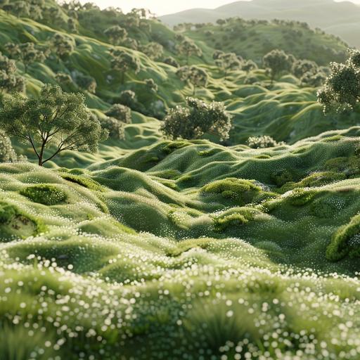 3d grass pattern of grasses on the hill full of trees, in the style of ed daz3d, california impressionism, moss carpet in green leaves and tiny balls, in the style of soft sculptures, digital fantasy landscapes, moshe safdie, mediterranean landscapes, soft, dreamy landscapes, wayne thiebaud, unreal engine --v 6.0 --s 250 --style raw