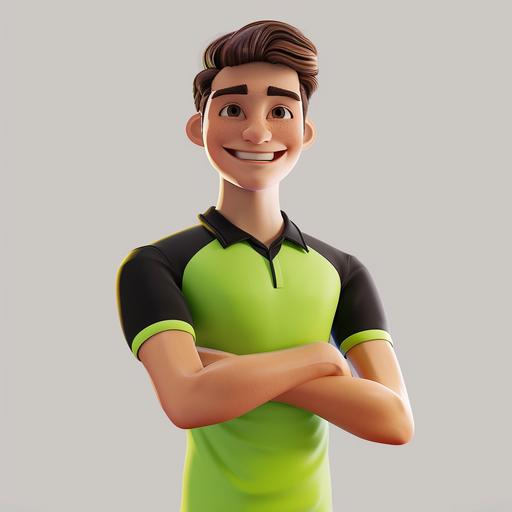 3d, happy, male attendant smiling wearing lime green and black t-shirt --v 6.0