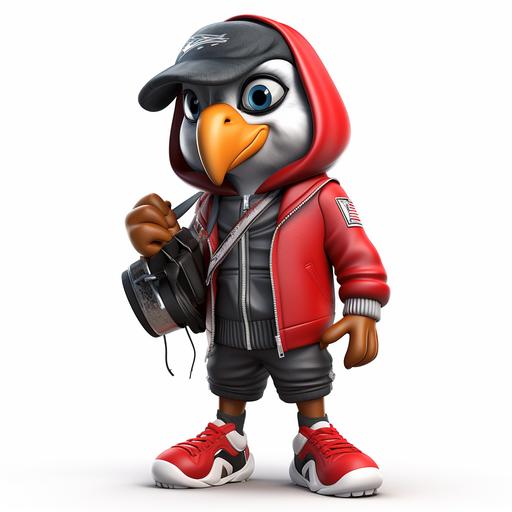 3d hyper realistic cartoon illustration of a modern Atlanta Falcons mascot, the mascot has the body of an adult human football player wearing urban style street wear a hoodie and jeans with tennis shoes fashionable clothing and shoes and the head of the Atlanta Falcon mascot, white background