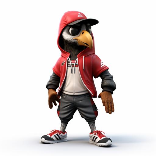 3d hyper realistic cartoon illustration of a modern Atlanta Falcons mascot, the mascot has the body of an adult human football player wearing urban style street wear a hoodie and jeans with tennis shoes fashionable clothing and shoes and the head of the Atlanta Falcon mascot, white background