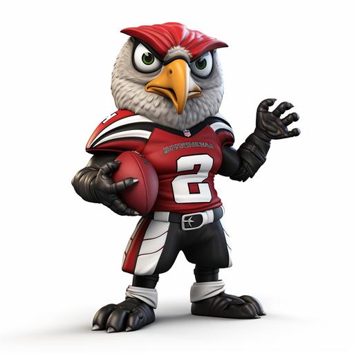 3d hyper realistic cartoon illustration of a modern Atlanta Falcons mascot, the mascot has the body of an adult human football player wearing urban style clothing and shoes and the head of the Atlanta Falcon mascot, white background