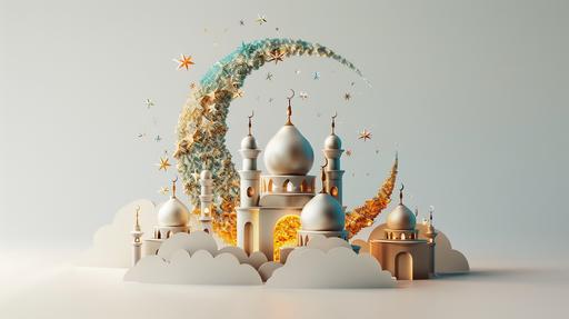 3d icon of ramadan made from scrapped metal sheets, chaotic, highly intricate detailed, minimalist, cinematic, isolated by white empty background, --ar 16:9 --style raw --v 6.0