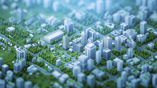 3d isometric city border, there are city buildings, symbolic city border line and country side with fields and trees --ar 16:9 --v 6.0