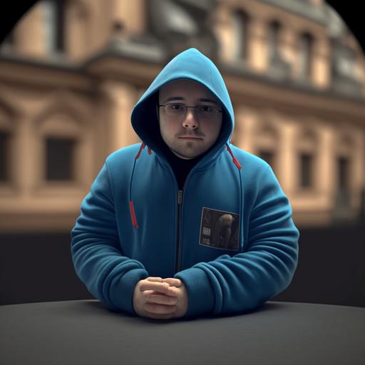 3d kid, at a poker table, dressed in a blue sweater with a hood, realism