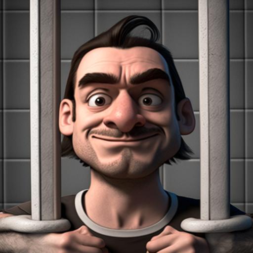3d male cartoon taking jail photo, happy::0.3 --v 4
