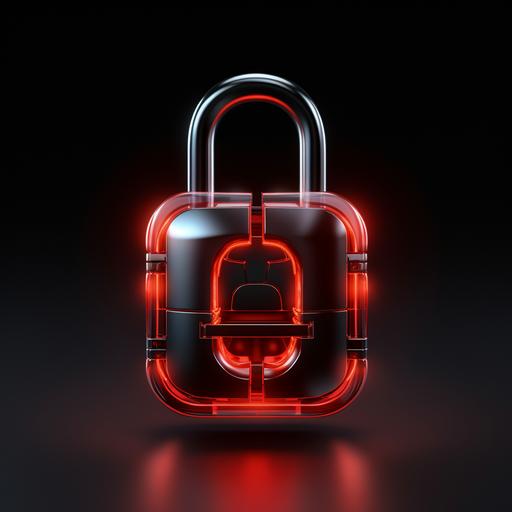 3d metallic lock icon, neon red color theme, front view, 3d, c4d, metallic, not glass,