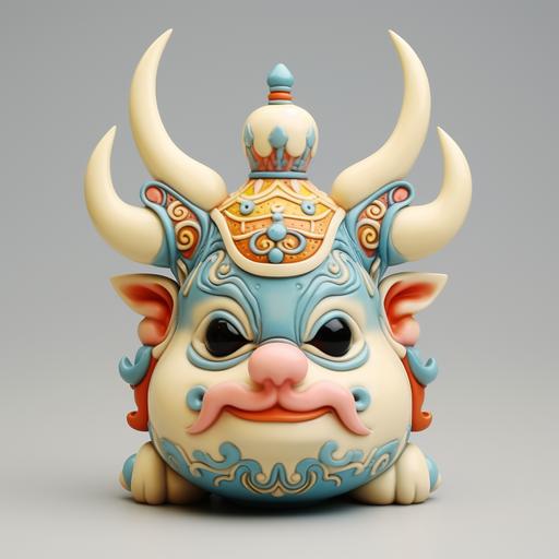 3d model, Japanese circus spirit, small plump pot-bellied, horns, round, coral, light yellow, blue