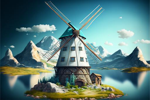 3d mountain windmill picture size 16:9 4k, 8k, 12k --v 4 --ar 3:2 --q 5