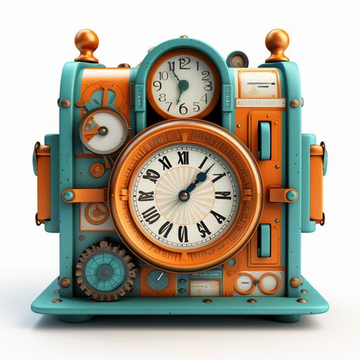 3d old Time travel BOX Machine with door and clock and calendar, orange teal blue illustration fantastic, solid white background