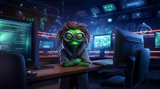 3d pepe frog character with dreads frontal portrait into cyber hacker laboratory background --ar 16:9