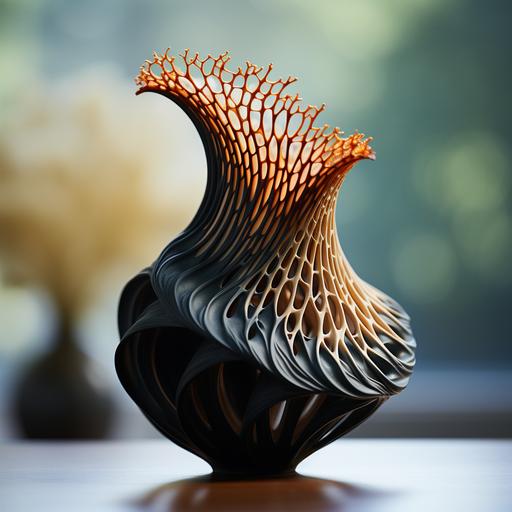 3d printe vase shell, black resin, photography, dof --s 250