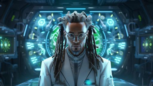 3d realistic scientist crazy character with dreads frontal portrait into cyber hacker laboratory background --ar 16:9