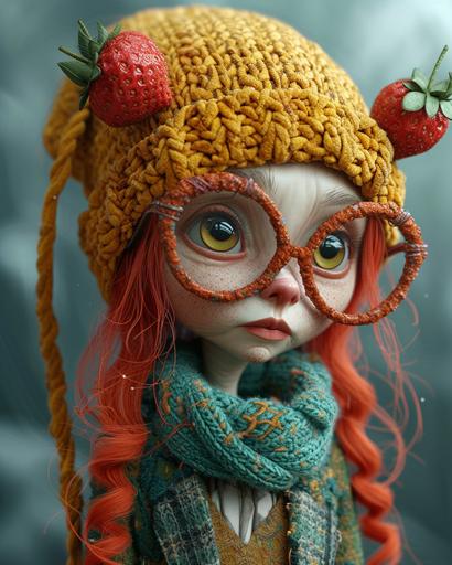3d render comic funny disney style , fashionable senior woman long red hair 70 years old furrt strawberry clothes and strawberry eyeglasses, lovely morning light .olive and yellow tones intricate details --ar 4:5 --stylize 259 --v 6.0