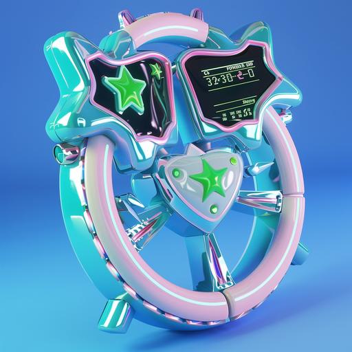 3d render of cute and stylish star and heart shaped steering wheel with big y2k style two GPS monitors located up and down (upper monitor is side monitor and downner monitor is main monitor), shaped like shield with a blade, 3d components, blue is main color and green is point color, refreshing and bright mood, front view, glossy, fresh, isolation in blue background, c4d, blender, frutiger aero  --no animal ears and dark mood --v 6.0