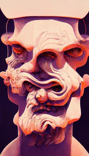3d rendered ancient greek pedastal statue of the Trollface by AK-巴比索, trending on artstation ::3 grainy retro wonderful illustration, intricate complexity::3 occult propaganda::2 dread, fear::0.5 zappy holographic multicolored swirling grid fractal reactor, trending on artstation ::1 purple and black 80s detailed art::1 --h 440