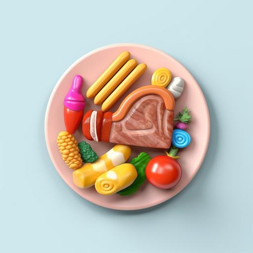 3d rendering icon, well-doned steak and roast turkey on a plate of vegetables, front view, kawaii, premium sense color, C4D minimalist style