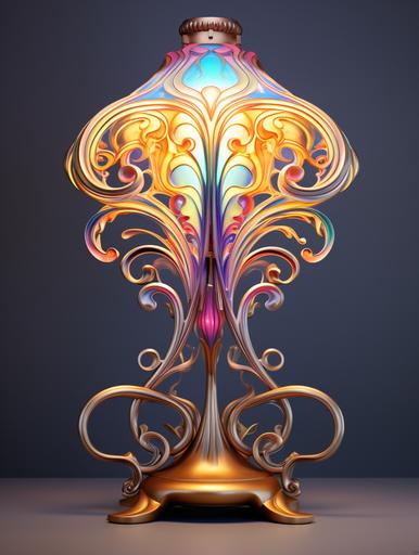 3d rendering of of Art Nouveau table lamp, in the style of cristina mcallister, elaborate engravings, miki asai, multicolored chrome, grzegorz domaradzki, fluid lines and curves, cute cartoonish designs, white background, --ar 3:4 --s 50